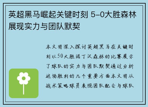 英超黑马崛起关键时刻 5-0大胜森林展现实力与团队默契
