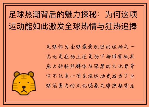 足球热潮背后的魅力探秘：为何这项运动能如此激发全球热情与狂热追捧